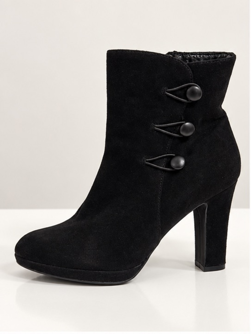 Black Suede High Block Heel Ankle Boot with Button Accents